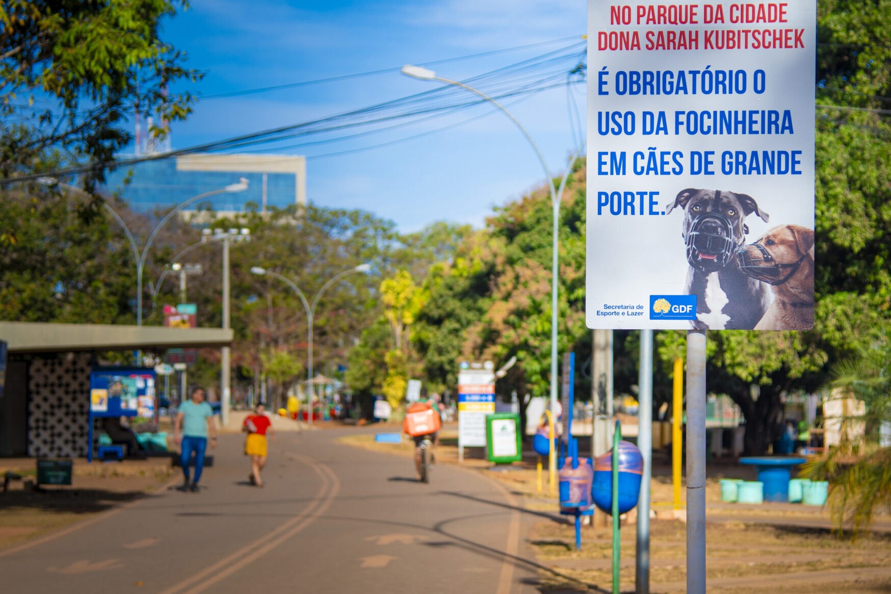 Placas instaladas no Parque da Cidade alertam para uso de equipamentos de segurança em animais que circulam no local | Foto: Divulgação/SEL