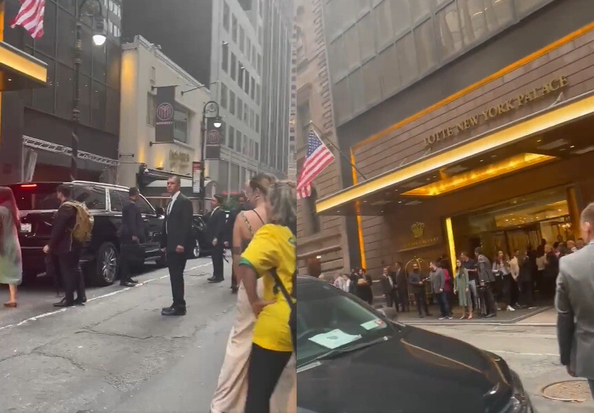 Momento em que o presidente Lula sai do hotel em Manhattan e é abordado com xingamentos