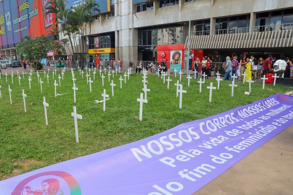 Mais de 200 cruzes foram pregadas no chão para lembrar das mulheres vítimas de feminicídios | Foto: Wilson Dias/ Agência Brasil