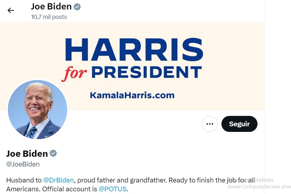 "Harris para presidente" é a mensagem na capa do perfil de Joe Biden | Foto: Reprodução/ X
