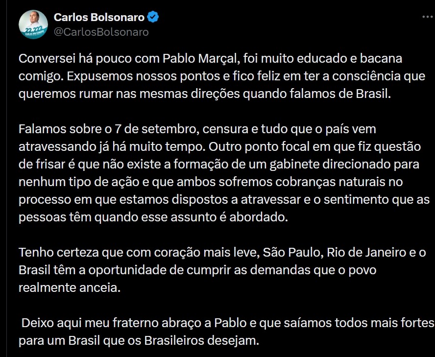 Mensagem de Carlos Bolsonaro sobre Pablo Marçal