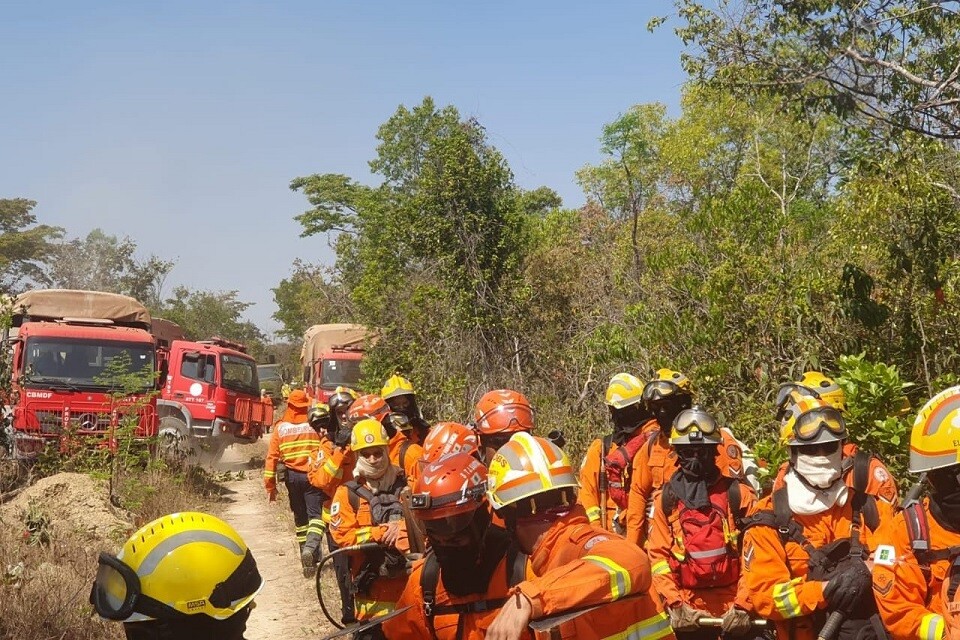 Além dos militares em campo, o Corpo de Bombeiros conta com um helicóptero e um avião especializado de combate à incêndio sobrevoando a área | Foto: CBMDF