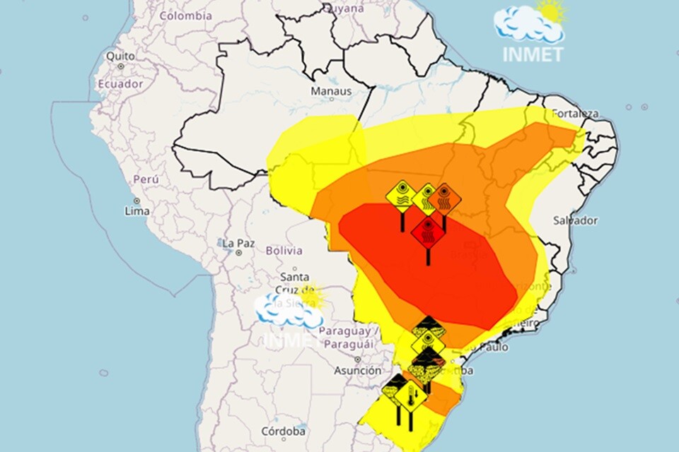 O mapa do Inmet alerta para as áreas de baixa umidade e de extremo calor