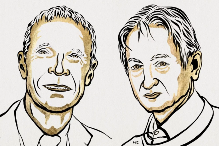 Cientistas John Hopfield e Geoffrey Hinton | Imagem: Ill. Niklas Elmehed © Nobel Prize Outreach